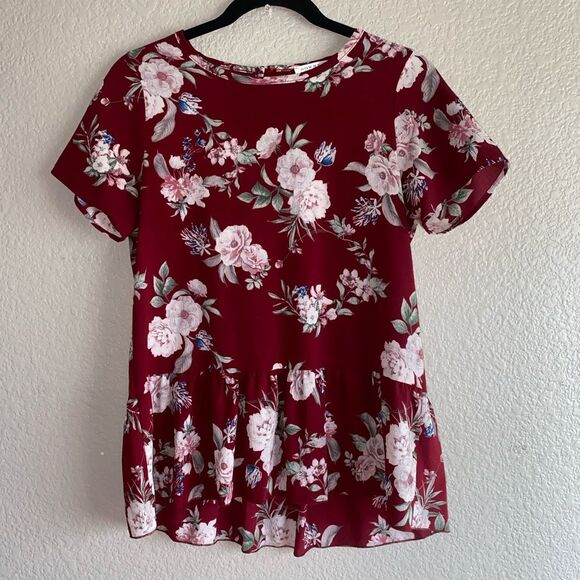 DownEast Tops - Downeast Burgundy Floral Peplum Top – Size S